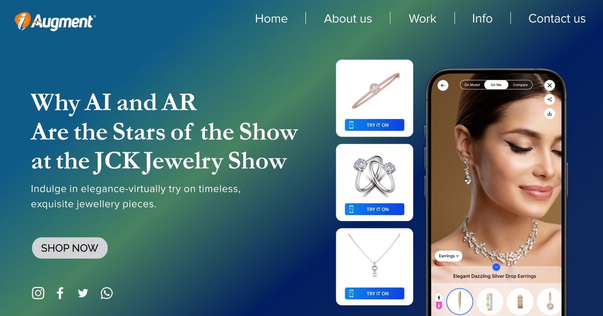 AI and AR virtual jewelry try-on at JCK Jewelry Show showcasing earrings, necklace, and rings on mobile app for enhanced shopping experience