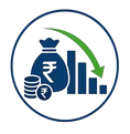 Reduced overhead cost icon with money bag and chart showing lower expenses, savings, and improved efficiency.