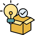 Open box with a glowing light bulb and checkmark, representing improved product understanding, insights, and clarity.