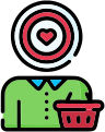 Customer icon with target heart and shopping basket representing confidence in online purchasing.