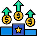 Dollar symbols rising above a podium with a star, representing financial growth, success, market leadership, and competitive advantage.