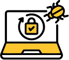 Illustration of restocking vulnerabilities with a laptop, security badge, and bug, representing return and inventory risks.