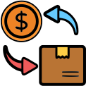 Product return and refund process icon showing money, package, and directional arrows representing reverse logistics costs.