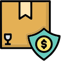 Icon showing shipping insurance costs with a package, fragile symbol, and shield, representing secure delivery for luxury items.