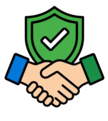 Handshake with shield and checkmark icon representing stronger customer trust and secure online shopping.