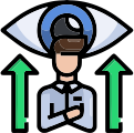 Person standing confidently with folded arms beneath a large eye symbol and upward arrows representing visual confidence.