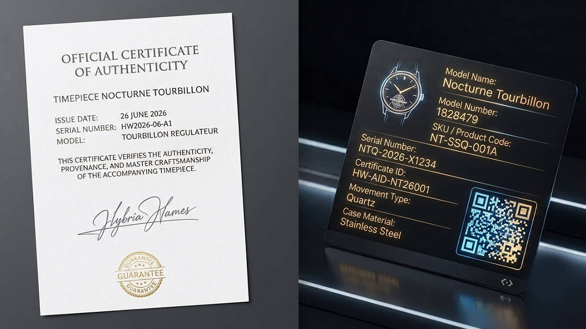 Comparison of traditional paper warranty and iAugment digital watch warranty certificate.