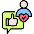 Customer engagement icon with thumbs up and heart representing satisfaction and loyalty.