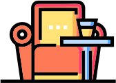 Commercial interior workplace solutions icon with office chair, desk, and workspace design.