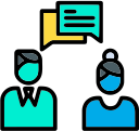 Face-to-face customer service icon with support representative and customer interaction.