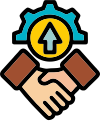 Faster trust development icon with handshake, gear, and upward growth symbol.