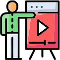 Live product demonstrations icon with presenter, display board, and interactive product showcase.
