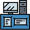 Physical product display area icon with retail display, monitor, and product showcase.