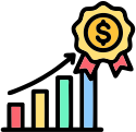 Supporting high-value consultative sales icon with growth chart and dollar award badge