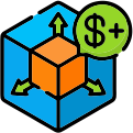 Product box with arrows and dollar symbol representing catalog digitization and scalability.