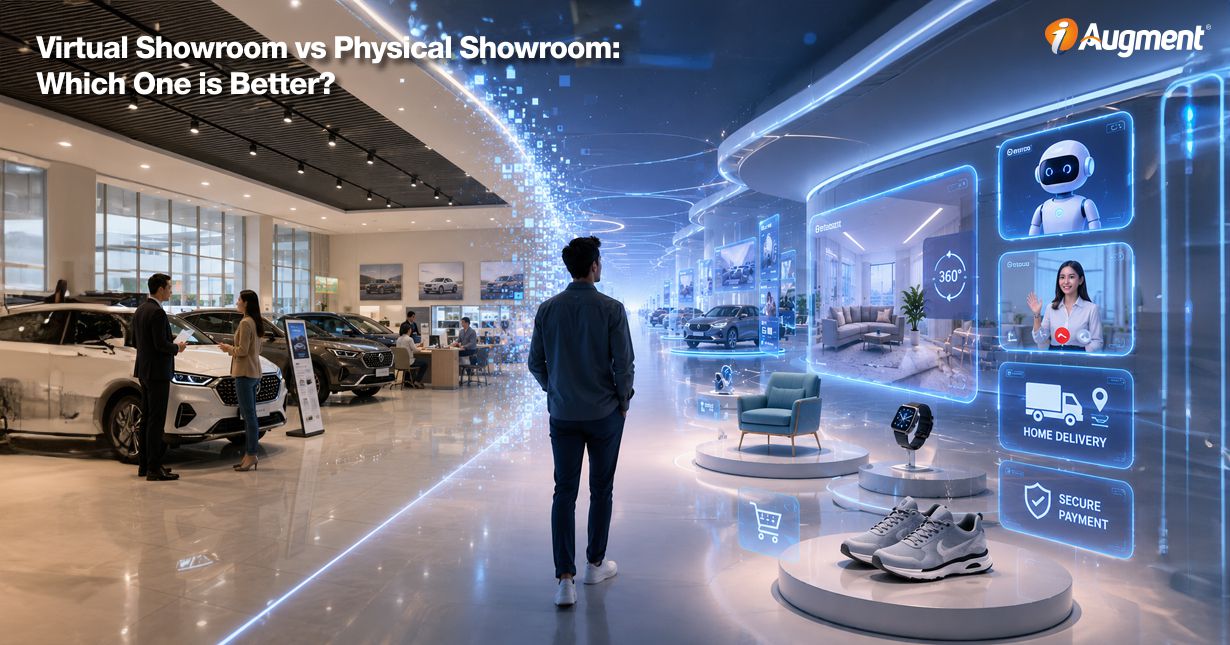 Virtual showroom vs physical showroom comparison showing digital and in-store shopping experience