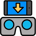 WebVR compatibility icon showing VR headset with download symbol for immersive virtual showroom support