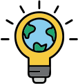 Icon showing a glowing light bulb with a globe inside its glass shell.