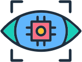Icon depicting a scanning frame around a blue eye containing an AI chip.