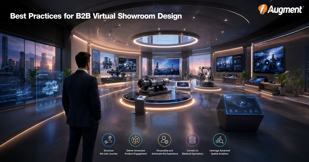 B2B virtual showroom featuring immersive product displays, interactive screens, 360-degree views, and digital customer experiences