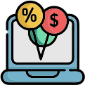 Icon of a laptop screen with discount percentage and dollar sign speech bubbles.