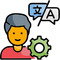 Icon of a user beside a gear symbol with speech bubbles for language translation.