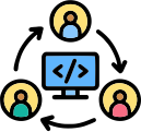 Icon illustrating connected backend operations and software integration