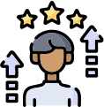 Icon depicting a customer profile below three rating stars and upward arrows.