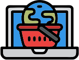 Shopping cart with globe icon representing integrated physical and virtual shopping experiences.