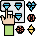 Icon of a hand selecting diamond shapes from a menu next to geometric assets.