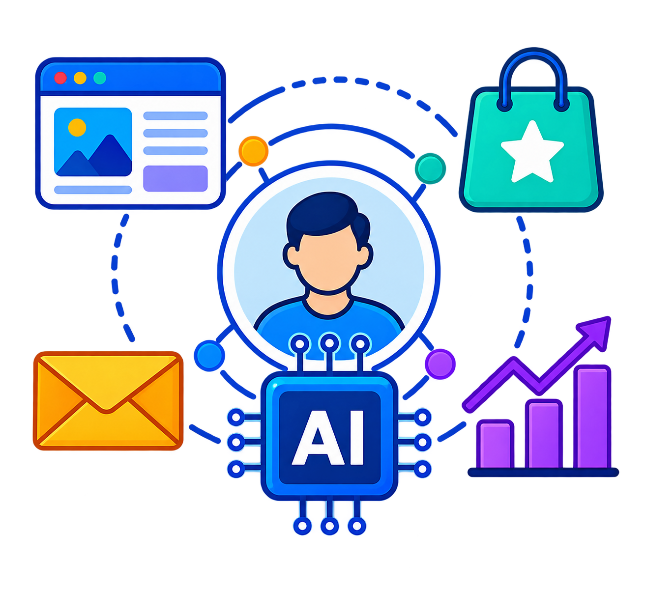 Illustration of a user avatar surrounded by AI chip, email, webpage, shop, and growth chart.