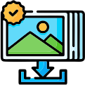 Icon showing stacked photo frames with a checkmark badge and a download arrow.