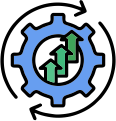 Icon of a gear containing upward growth arrows encircled by a processing arrow.