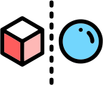 Icon displaying a red 3D cube and a blue sphere separated by a dashed line.