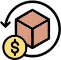 con showing a cardboard box with a dollar sign coin encircled by a return arrow.
