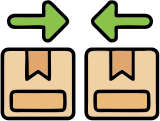 Icon showing two cardboard package boxes facing each other with green arrows.