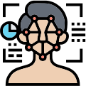 Icon of a face and body with mapped points, representing spatial facial and body feature tracking.