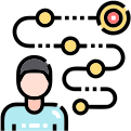 Icon illustrating a structured user journey with connected steps and user interactions