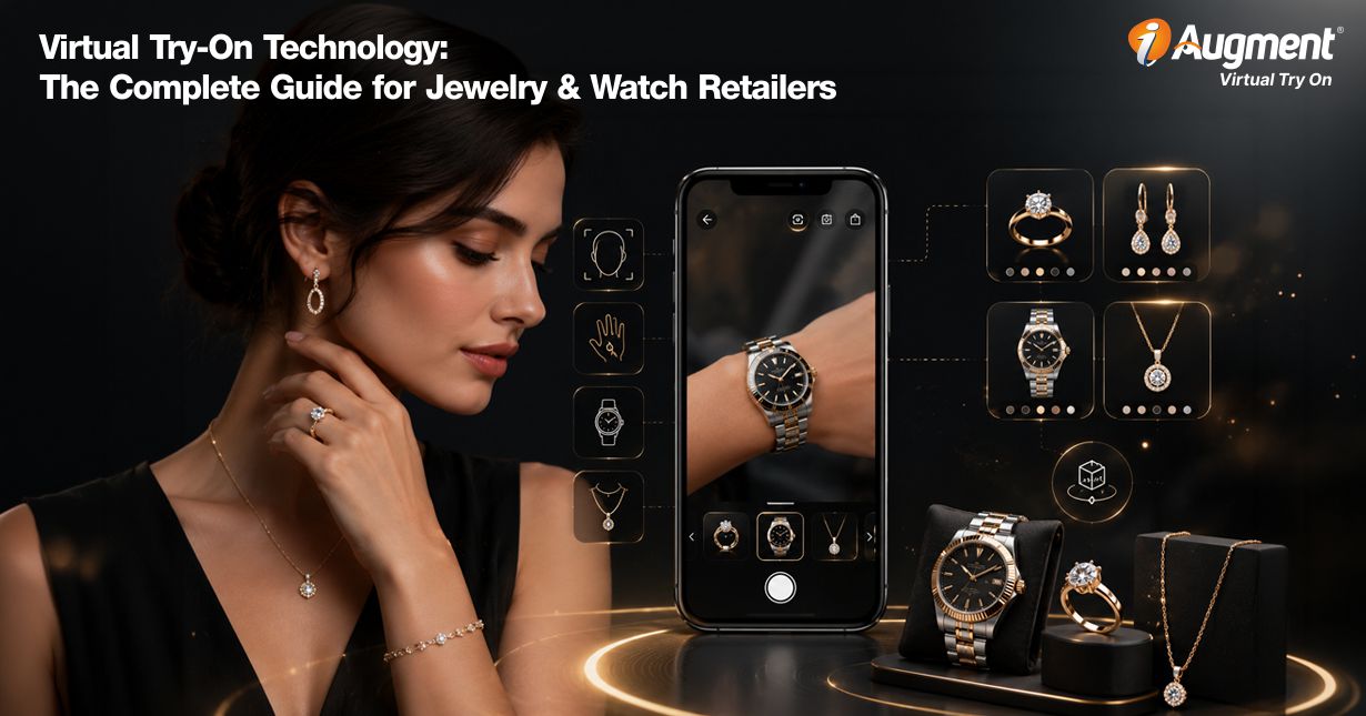 Woman wearing fine jewelry next to a smartphone displaying a virtual watch try-on AR interface.