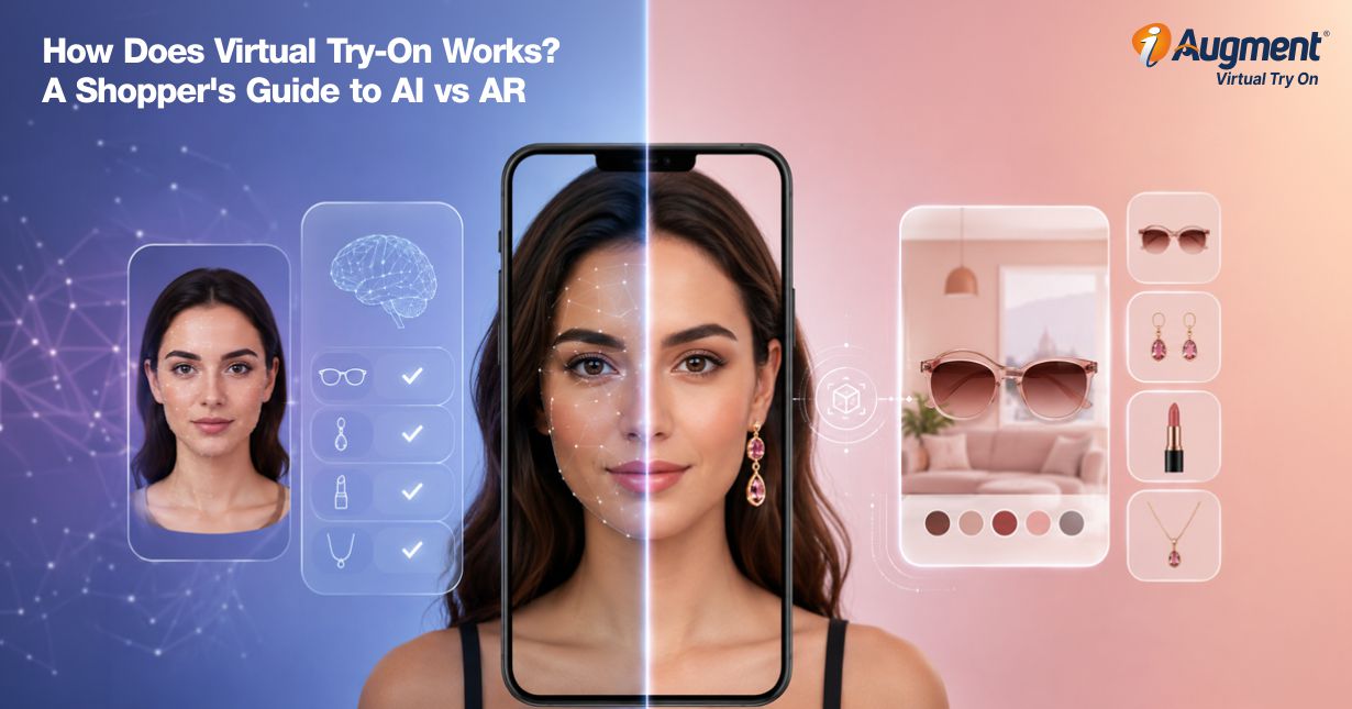 AI and AR virtual try-on displayed on a smartphone with jewelry, glasses, and beauty product choices.