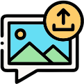 Digital image upload icon showing photos, mountains, and an upward arrow for easy uploading.