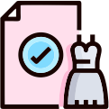 Pink dress icon with check mark for ready-to-wear fashion, highlighting stylish clothing and quality