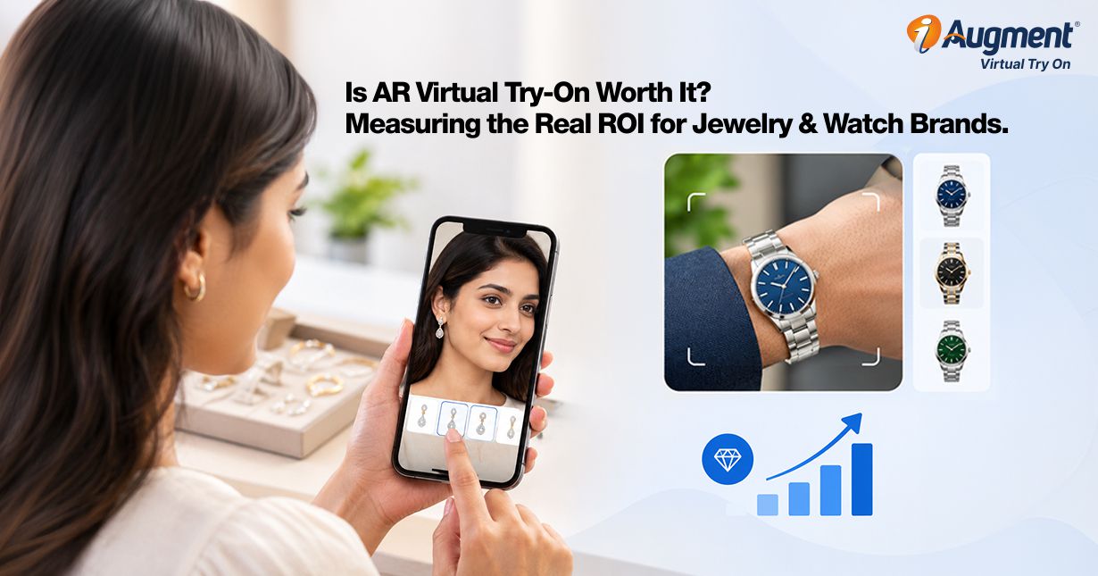 AR virtual try-on for jewelry and watches shows a woman using a phone to preview products today.
